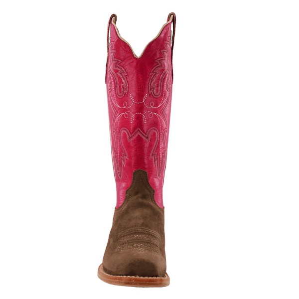 LD CIDER BROWN ROUGH OUT COWHIDE/FUCHSIA GOAT BOOTS
