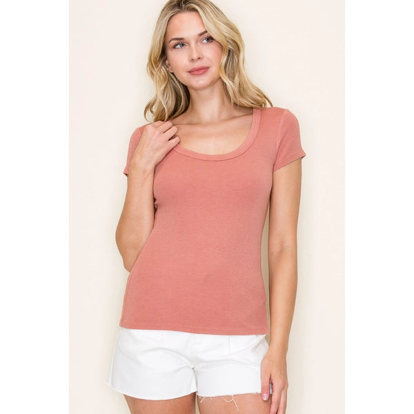 LADIES SCOOP NECK RIBBED KNIT TOP