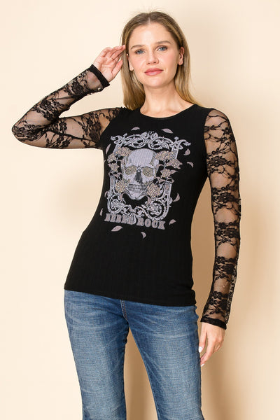 LADIES BLACK TOP W/SKULL AND LACE SLEEVES