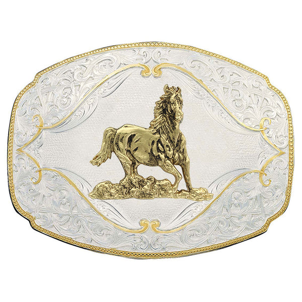Gold Flourish Western Belt Buckle with Galloping Horse