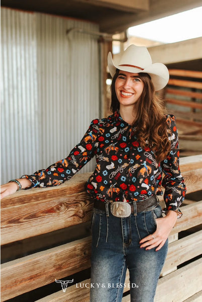 BLACK WESTERN PRINTED RUFFLE COLLARED SHIRT