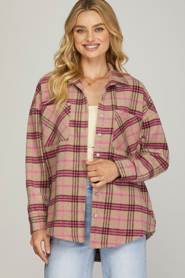 WOMENS L/S PLAID SHACKET W/ FRONT AND SIDE POCKETS