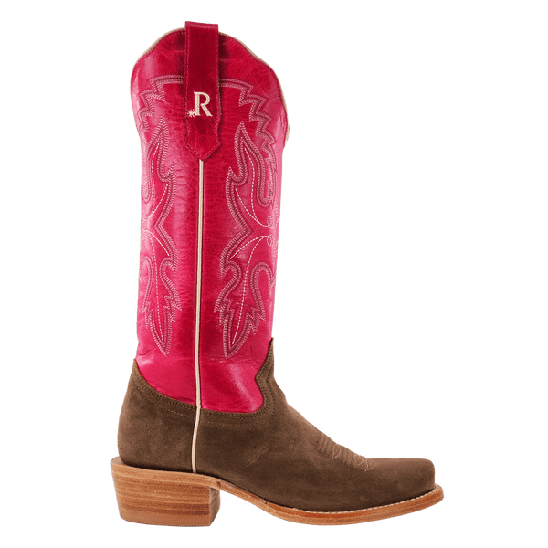LD CIDER BROWN ROUGH OUT COWHIDE/FUCHSIA GOAT BOOTS