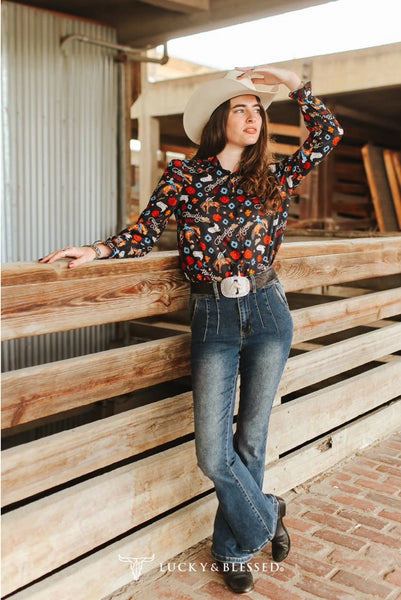 BLACK WESTERN PRINTED RUFFLE COLLARED SHIRT