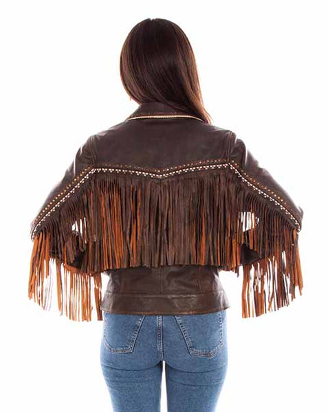 LADIES BROWN LEATHER JACKET WITH STUDS AND FRINGE