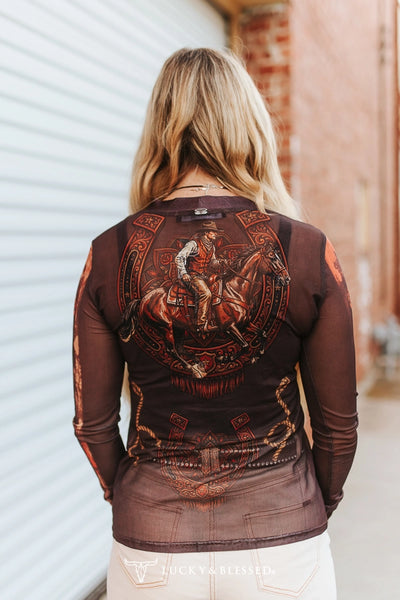 BROWN COWBOY HORSE ALLOVER PRINTED TOP