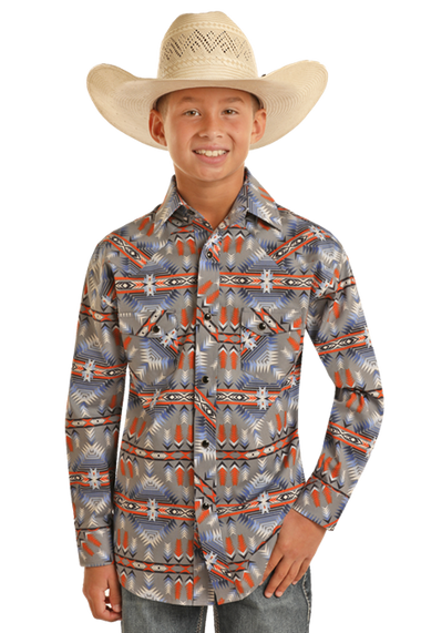 BOYS LS 2PKT AZTEC SNAP SHIRT
