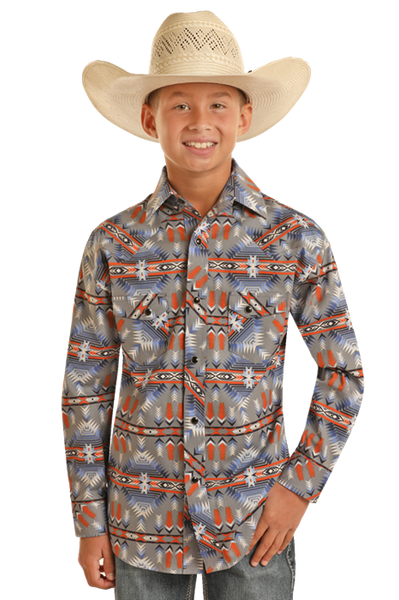 BOYS LS 2PKT AZTEC SNAP SHIRT