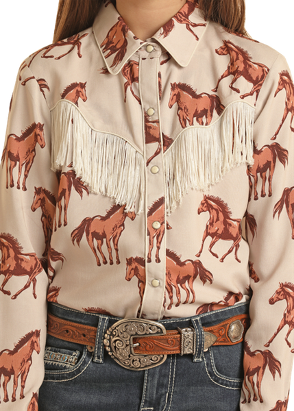 GIRLS LS HORSE PRINT SNAP SHIRT