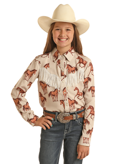 GIRLS LS HORSE PRINT SNAP SHIRT