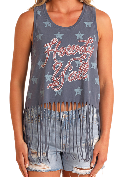 LADIES GRAPHIC TEE WITH FRINGE HEM