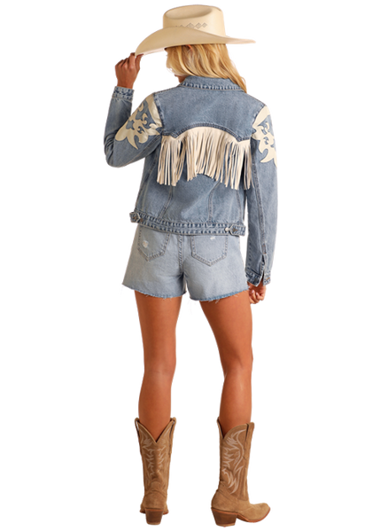 LADIES DENIM JACKET WITH PLEATHER FRINGE