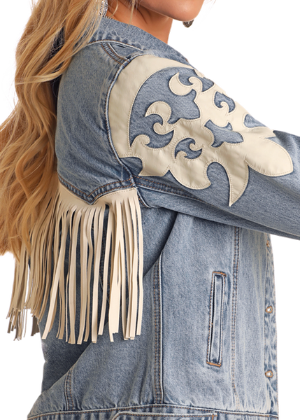 LADIES DENIM JACKET WITH PLEATHER FRINGE