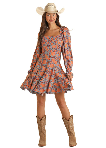 JUNIORS FLORAL BLOUSED SLEEVE MIDI DRESS