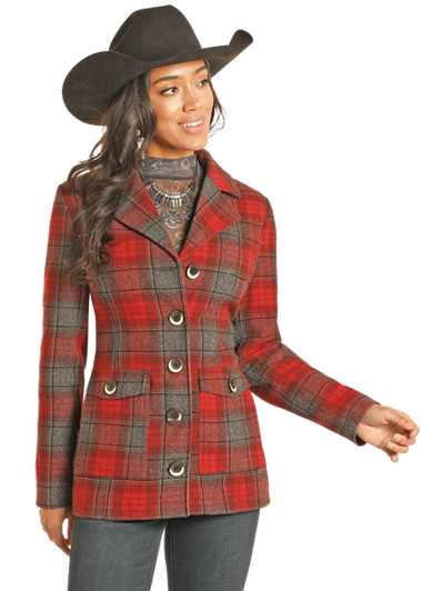 LADIES WOOL RED PLAID COAT