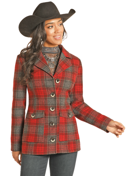 LADIES WOOL RED PLAID COAT