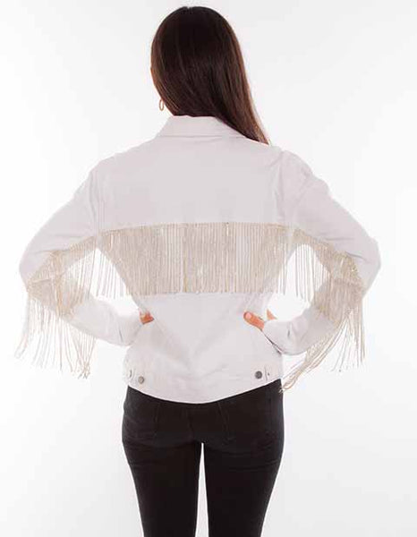 LADIES WHITE DENIM JACKET W/CRYSTAL FRINGE