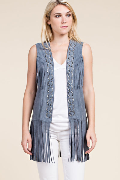 LADIES OPEN FRONT FAUX SUEDE FRINGE VEST