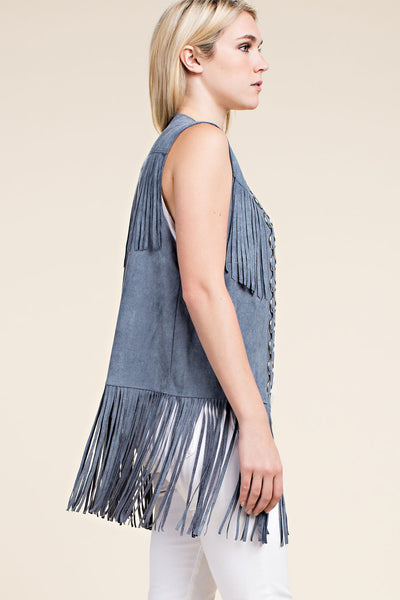 LADIES OPEN FRONT FAUX SUEDE FRINGE VEST