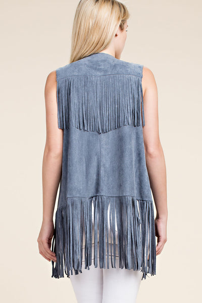 LADIES OPEN FRONT FAUX SUEDE FRINGE VEST