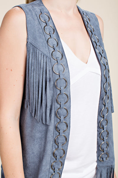 LADIES OPEN FRONT FAUX SUEDE FRINGE VEST