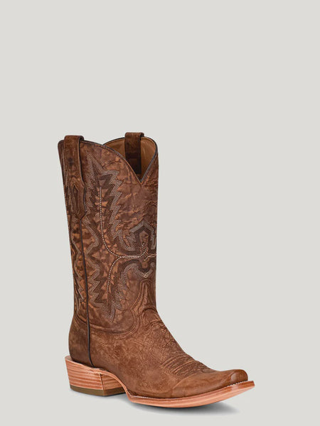 MENS BROWN EMBROIDERY NARROW SQ TOE BOOT