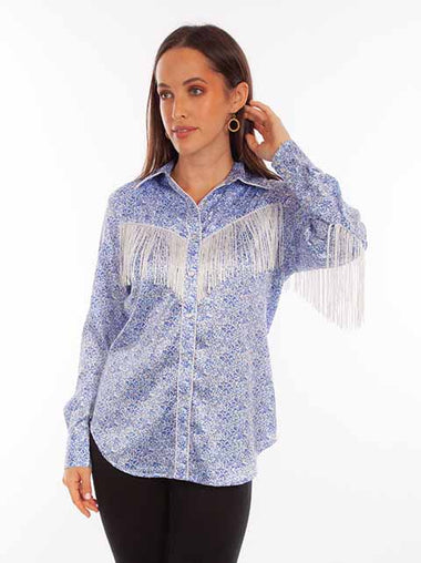 LADIES BLUE MINI FLORAL FRINGE SHIRT