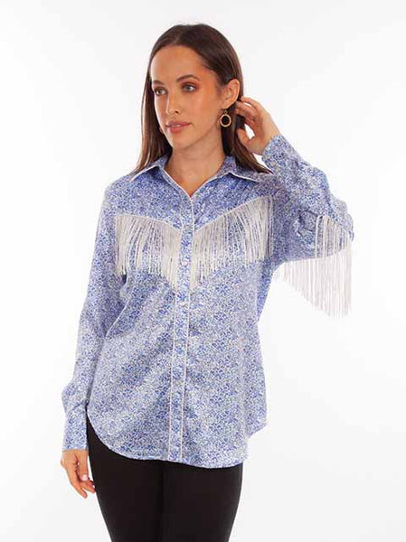 LADIES BLUE MINI FLORAL FRINGE SHIRT