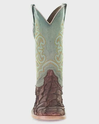 BROWN/TURQUOISE FISH EMBROIDERY SQUARE TOE