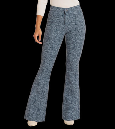 LADIES NAVY BLUE TOOLED REVERSIBLE BUTTON FLARE PANTS