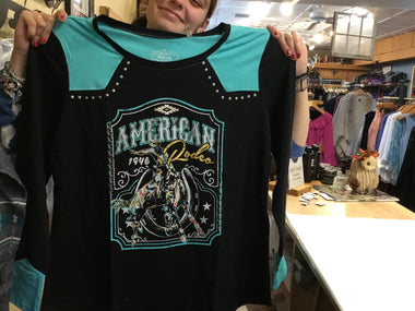 LADIES LONG SLEEVE YOKED GRAPHIC SWING TEE