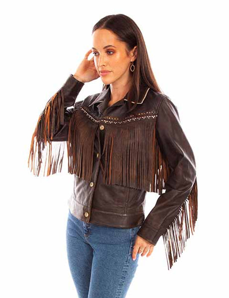 LADIES BROWN LEATHER JACKET WITH STUDS AND FRINGE