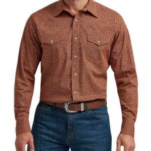 MENS LS PAISLEY PRINT WITH BROWN PEARL SNAPS SHIRT