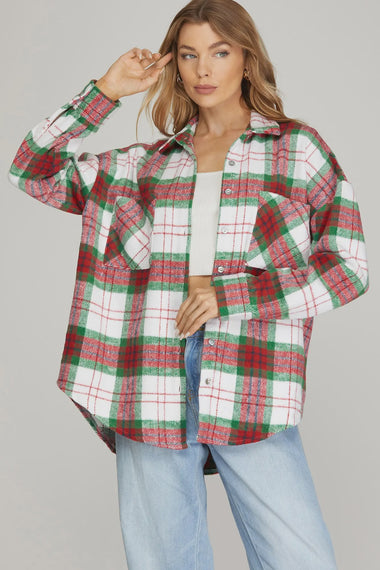 WOMENS RED/GREEN PLAID LS SHACKET WITH POCKETS