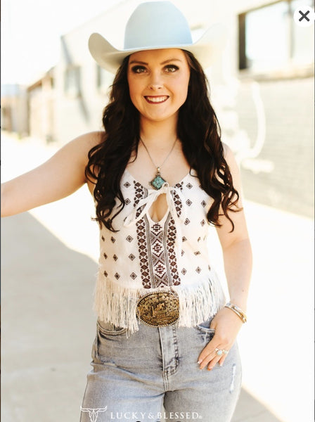 JUNIORS IVORY AZTEC FRONT TIE WITH FRINGE