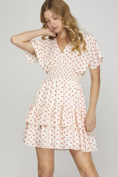 JUNIORS SHORT SLEEVE V-NECK DRESS