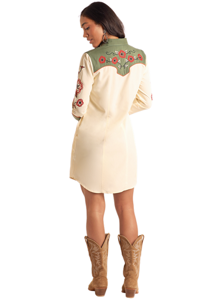 LADIES RETRO LS SNAP DRESS WITH EMBROIDERY