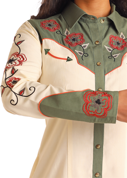 LADIES RETRO LS SNAP DRESS WITH EMBROIDERY