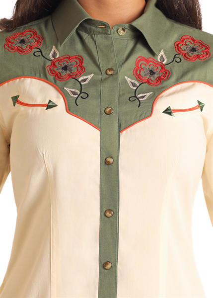 LADIES RETRO LS SNAP DRESS WITH EMBROIDERY