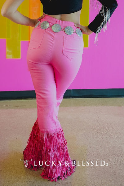 LADIES PINK TIER RHINESTONE FRINGE HEM PANTS