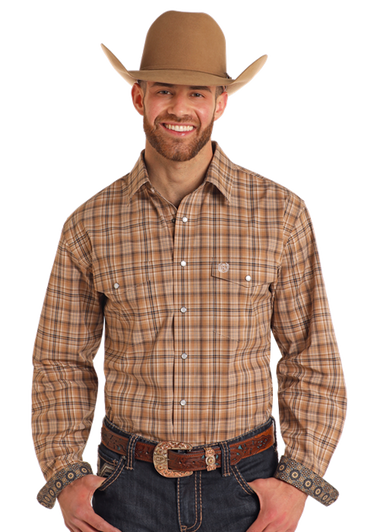 MENS TAN PLAID LS SNAP SHIRT