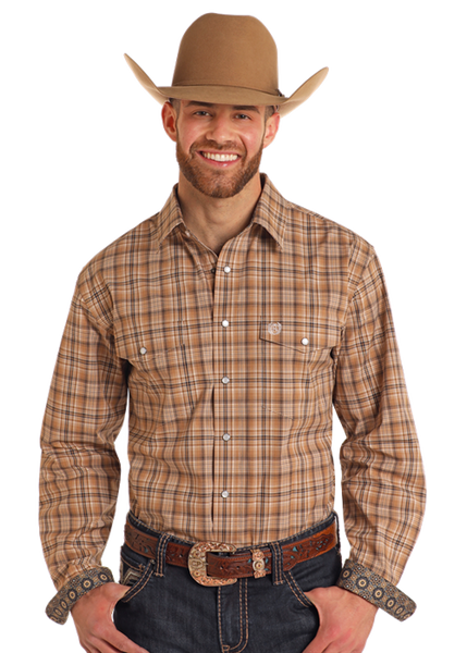 MENS TAN PLAID LS SNAP SHIRT