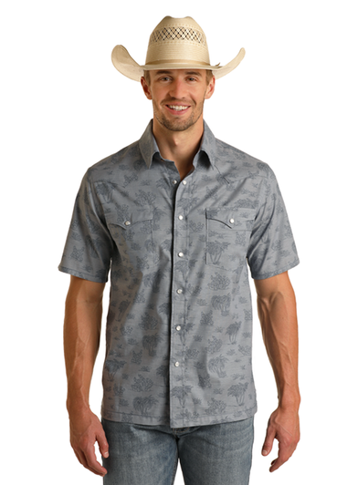 MENS BLUE CACTUS/PALM SHORT SLEEVE SHIRT