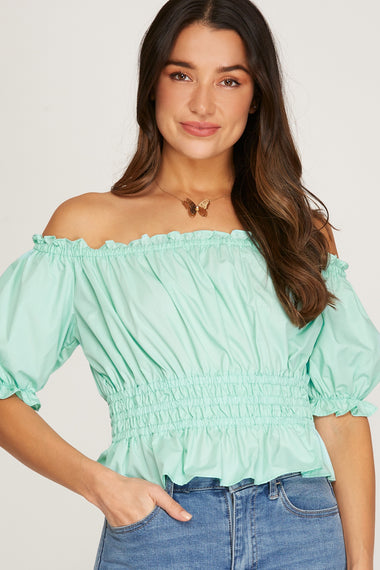 JUNIORS OFF THE SHOULDER HALF SLEEVE PEPLUM TOP