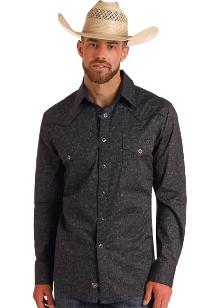 MENS BLACK PAISLEY PRINT LS SNAP SHIRT