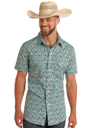 MENS TURQUOISE PAISLEY PRINT SS SNAP SHIRT