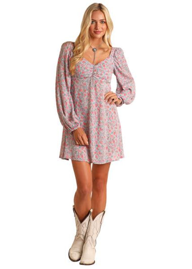 JUNIORS LS A-LINE MINI FLORAL DRESS