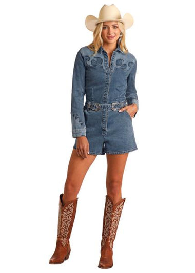 JUNIORS LS TWO TONE SHORTS ROMPER W/BELT