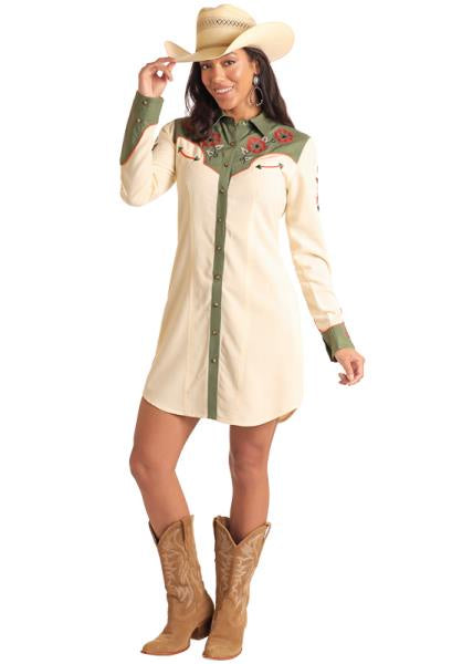 LADIES RETRO LS SNAP DRESS WITH EMBROIDERY