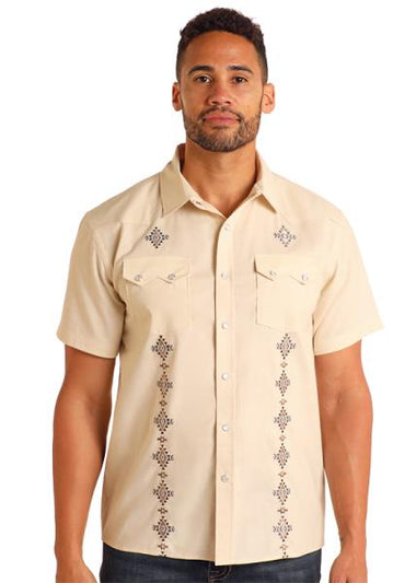 MENS SS SNAP SHIRT WITH AZTEC EMBROIDERY